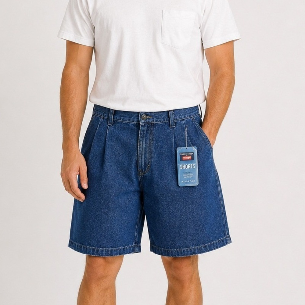 Timber Creek by Wrangler Mens Blue Denim Pleated Relaxed Fit Shorts 40 NWT